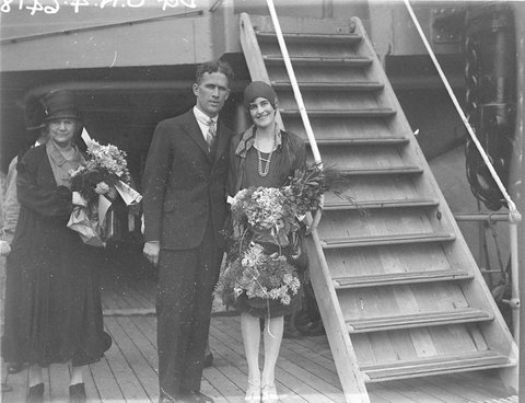 Miss Caroline Carrie Fairfax and a young couple embark on the Narkunda 8 February 1928