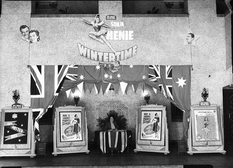 Movie display advertising the film with Sonja Henie in Wintertime at conference of theatre managers taken for Laurie, 1944