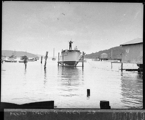 Mr Smiths cabin cruiser Moonmist on the slipway Pittwater, 1937