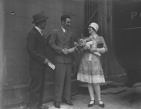 Murray the Escapologist with the woman who paid his 3 pounds fine for obstructing traffic outside the Tivoli, 1928