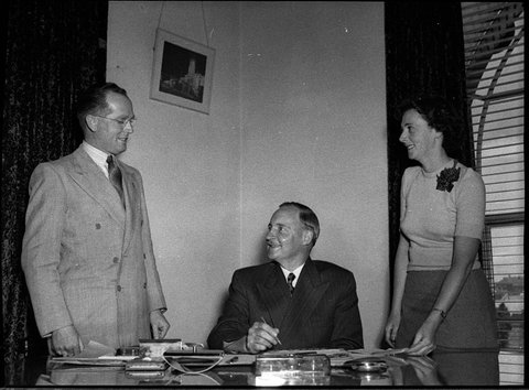 New Lord Mayor Purdue with his secretary Miss Z Burke and the Town Clerk Mr W Burges, 1952