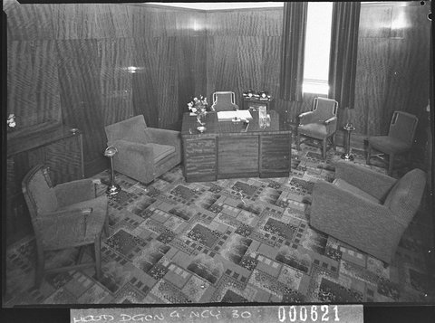 Office desk and armchairs in an officials panelled office Ashfield Town Hall from Grace Bros, 1939