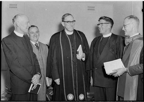 Official opening of St Pauls Methodist Church Kotara Rev Dr C Cato right Rev RA Bell 2nd right Rev BR Wyllie centre, 1957