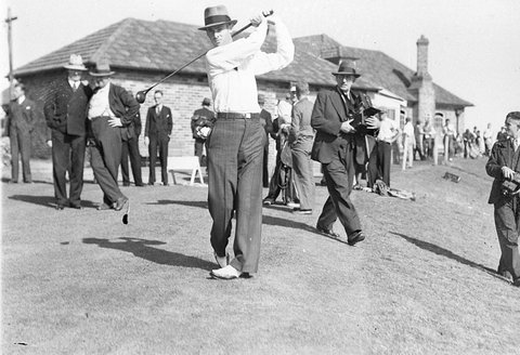 Oldfield driving off from No 1, 1930s