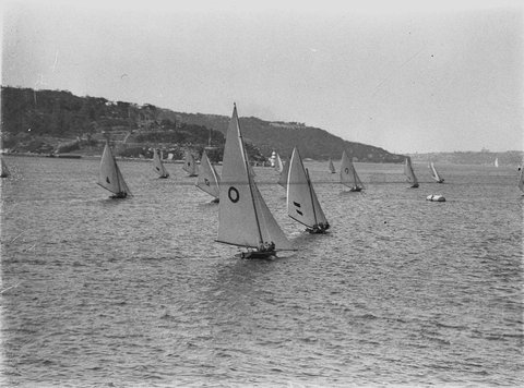 On leeward tack beat up towards Bradleys Head, 1930s