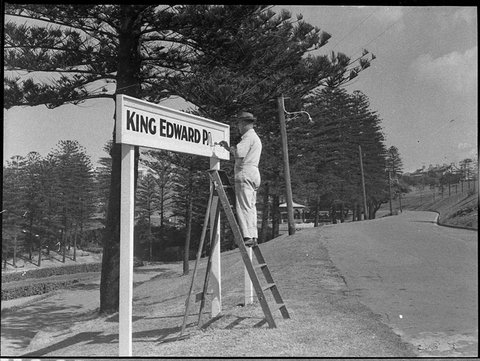 Painting King Edward sign, 1955