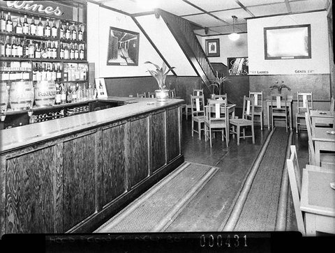 Penfolds Wines display in interior of saloon, 1939