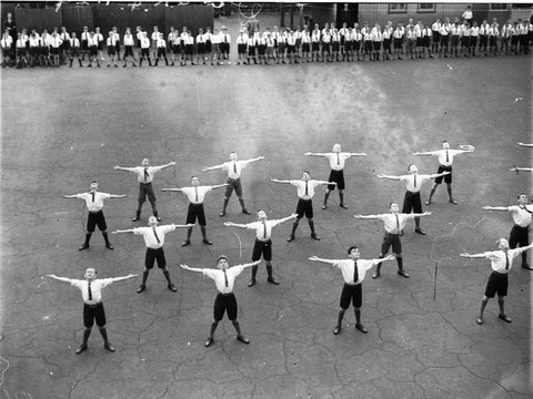 Physical Culture class Drummoyne Primary School on the day the school was presented with the Drill Challenge Shield, 1934