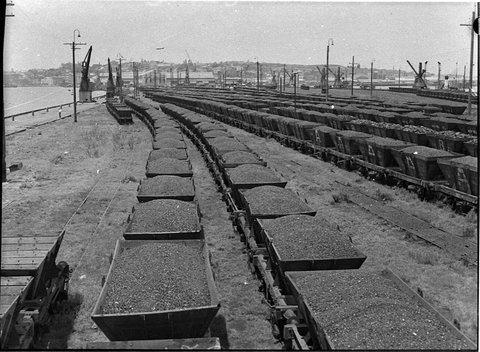Pile up of coal trucks owing to wharf strike, 1956