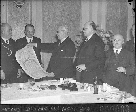 Presentation of an illuminated address to Stuart F Doyle Managing Director Union Theatres Ltd by the Australian Cinema Pioneers, 1937