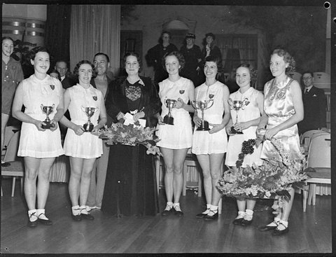 Presentation of cups to gym girls, 1937