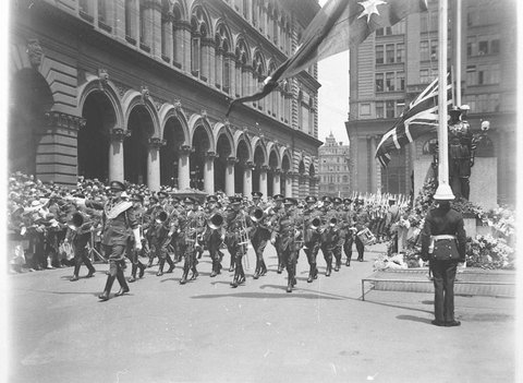 RAAF band marches past the Cenotaph, 1930s