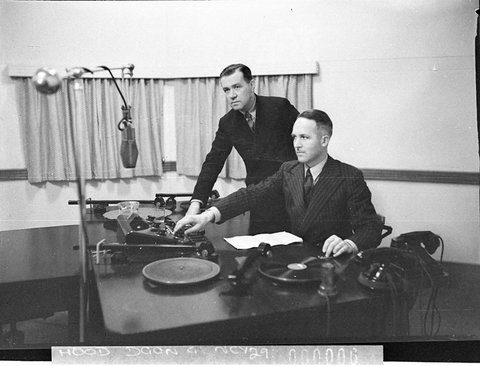 Radio station 2GZ Two men operating the panel and turntable, 1937