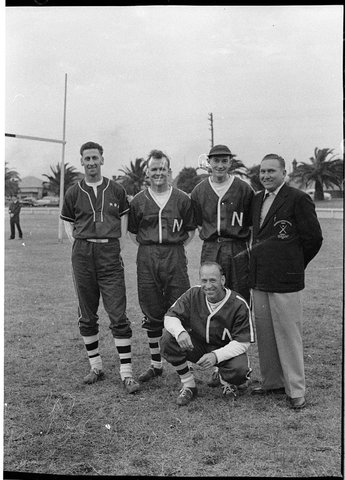 Representive baseball players from Newcastle representing NSW Country against Victorian Country From left J Bull R Rice G McCabe L Balks at front H Davidson captaincoach, 1957