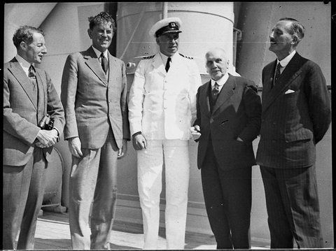 The Governors of New South Wales, Victoria, Queensland, and Tasmania, with the captain aboard the Orient Line steamship RMS Ormonde, for an Australia Day luncheon (26 January 1938)