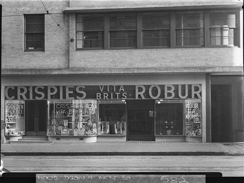 RoTayt Pty Ltd shopfront Crispies Vita Brits and Robur tea, 1938
