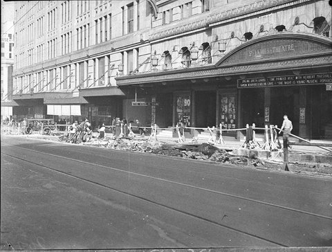 Road works in front of the St James Theatre, 1935
