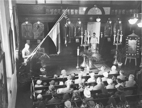 Roumania Day service at Greek Orthodox Church inside the church Roumanian Flag on the flagpole with the Australian Flag, 1930s