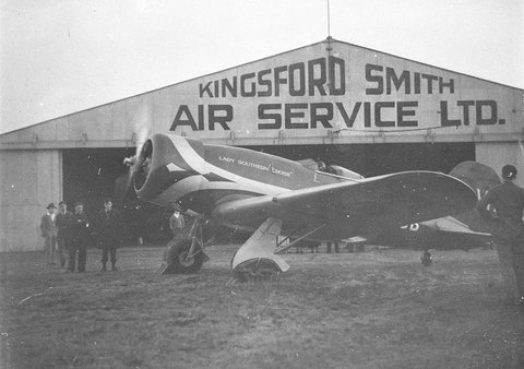 Runningup on the tarmac outside Kingsford Smith Air Service Hangar, 1920s