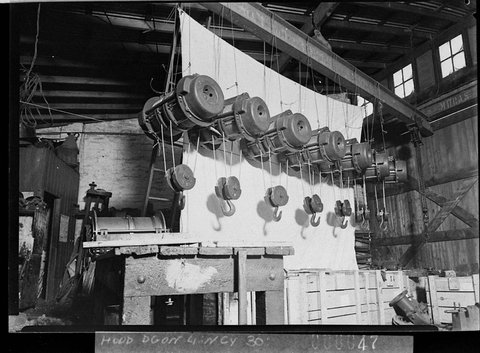 Seven winches with their blocks Alfred Snashall Ltd machinery at Humbley Co, 1938