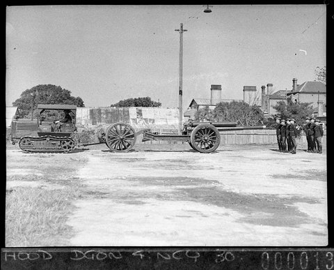 Side view of tractor limber and gun at Randwick Drill Hall, 1938