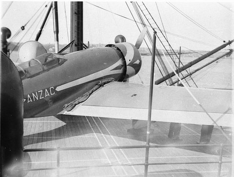 Smithys Lockheed Altair monoplane Anzac on the deck of Mariposa, 1934