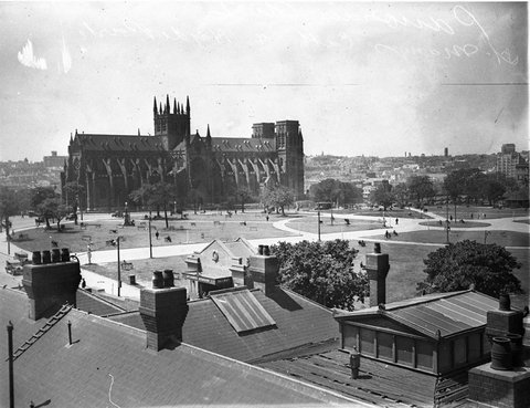 St Marys Cathedral and Hyde Park no fountain from top of Supreme Court, 1930s