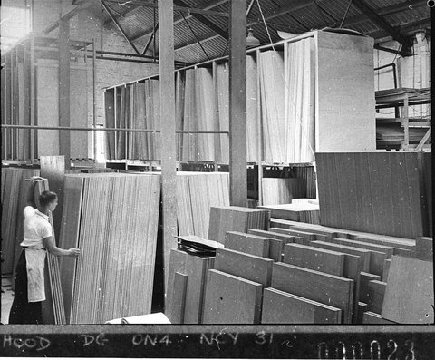 Stockroom full of the finished plywood product Frederick Roses factory at Mascot taken for Timber Journal, 1940