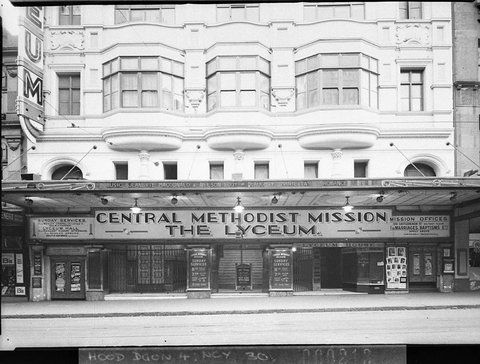 Streetfront view Lyceum Theatre owned by Central Methodist Mission, 1938