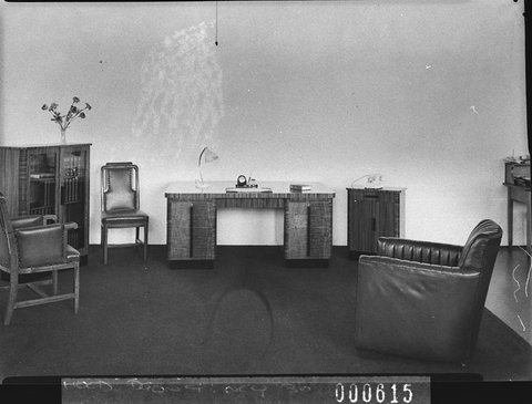 Swivel chair desk and two office chairs Grace Bros display, 1939