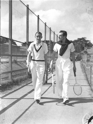 Tennis players GP Pat Hughes left and FJ Perry both of Great Britain at White City summer 19341935 before the Melbourne Centenary Australian Championships Kooyong Jan 1935
