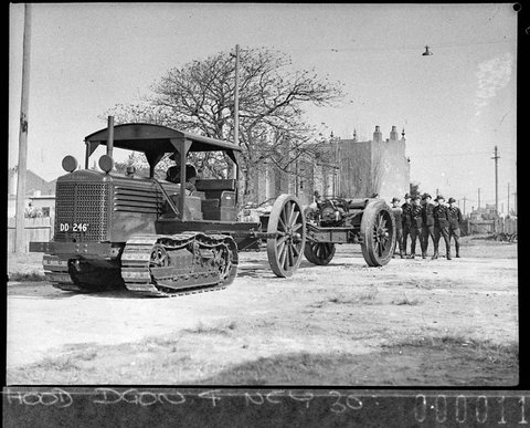 The Australian Army Field Artillery Units tractor hooked up ready to tow a gun at Randwick Drill Hall, 1938