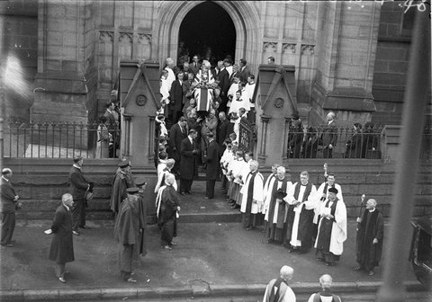 The cortege leaving the porch of St Andrews Cathedral Sir Edgeworth Davids funeral, 1934