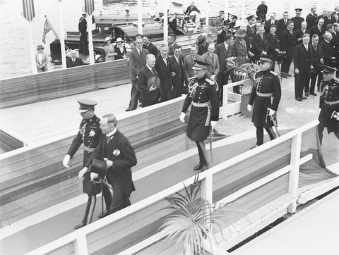 The Duke steps ashore and is escorted by Governor Sir Philip Game, 1934
