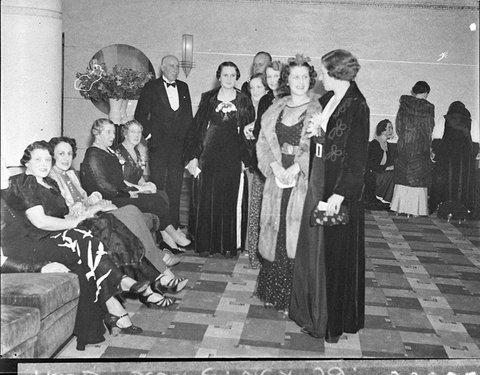The new Kings Theatre Mosman VIP guests in evening dress in Dress Circle Lounge opening night, 1937