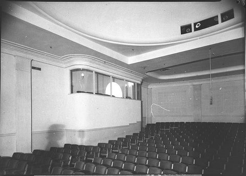 The producers viewing box where he sat with advertising agents and sponsors watching audience 2UWs new radio theatre State Office Block, 1944