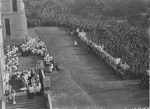 The worshippers kneeling during the mass, c. 1931
