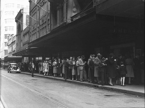 Theatre queue for Esquire Embassy Theatre taken for Fox Films, 1946