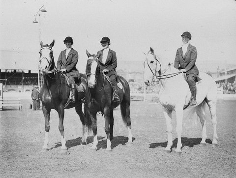 Three unidentified female riders on their mounts, 1930s