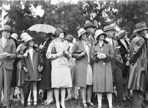 Three young women racegoers, 1927–30