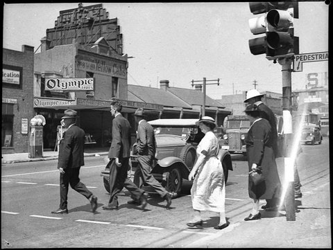 Traffic signals press button Parramatta Road Lewisham west of West Street intersection, 1939
