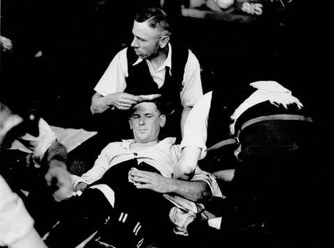 Tramway Ambulance competition treats a patient, 1934