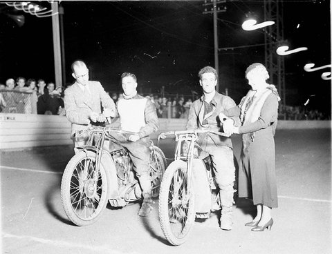 Two dirttrack motorcyclists at the Speedway Royal, c. 1932