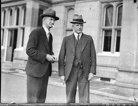 Herbert Hawkins standing with Frank Chaffey outside Government House, Sydney, 11 February 1935