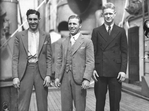 Two unidentified English boxers arrive by ship, 1930s