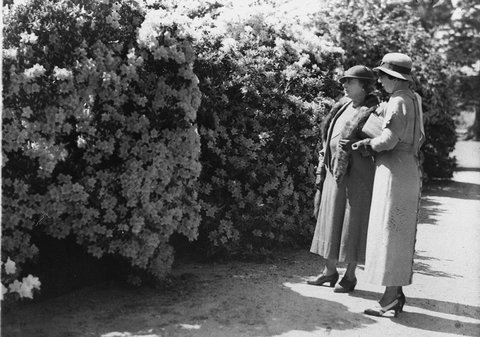 Two women admire the spring flowers in the Botanic Gardens, 1934