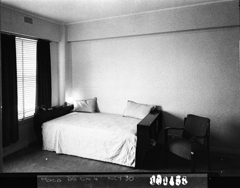 Typical bedroom Macleay Regis flats taken for Mr Christmas, 1939