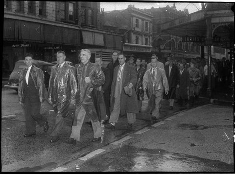 Unions march on Coal Board refusal to work as a protest against the pending closure of Stockington ie Stockton No 1 and Bellbird Colliery, 1956