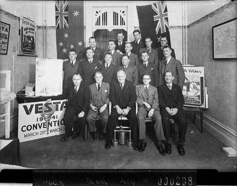 Vesta Batteries sales convention Chairman of Directors and General Manager Barney Allan in middle front, 1941