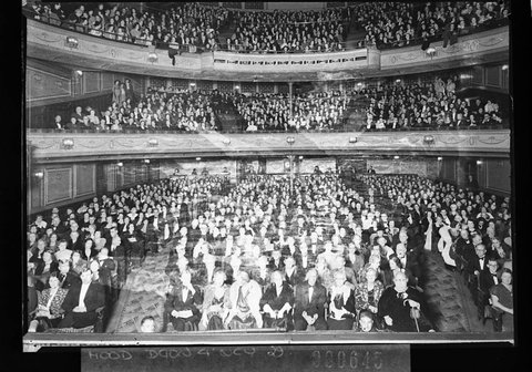 View from the stage of the Theatre Royal showing crowded stalls dress circle and gods for the last night of Ruth Draper, 1938